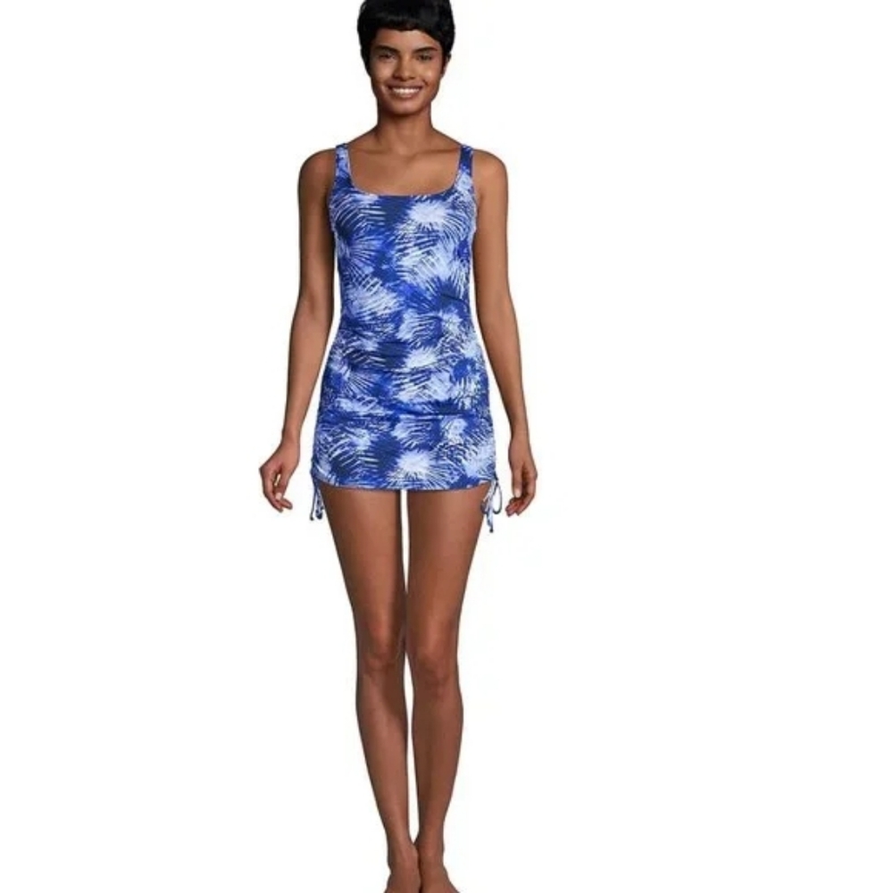 Flattering Lands' End Blue White Palm-Print Swimdress with Ruched Skirt, 14 LONG